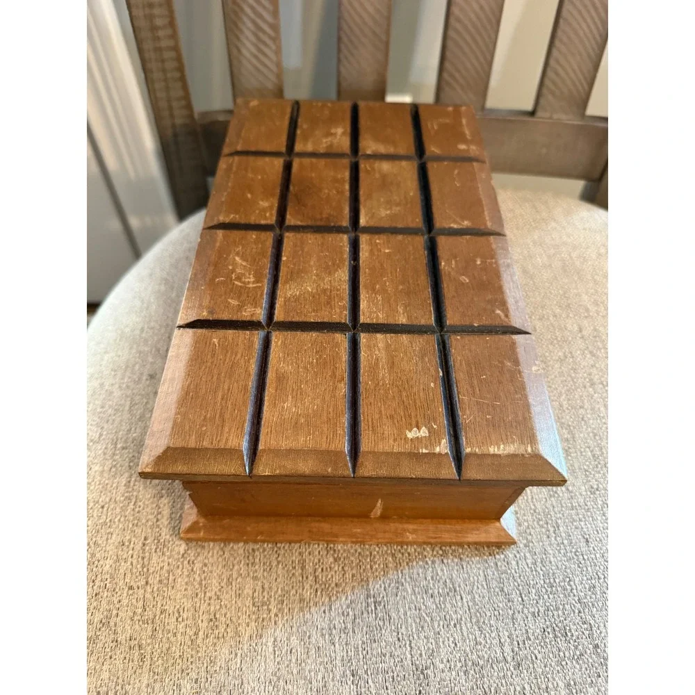 Vintage Japan Wooden Jewelry Box Red Velvet Lined Grid Carved Lid Mid Century